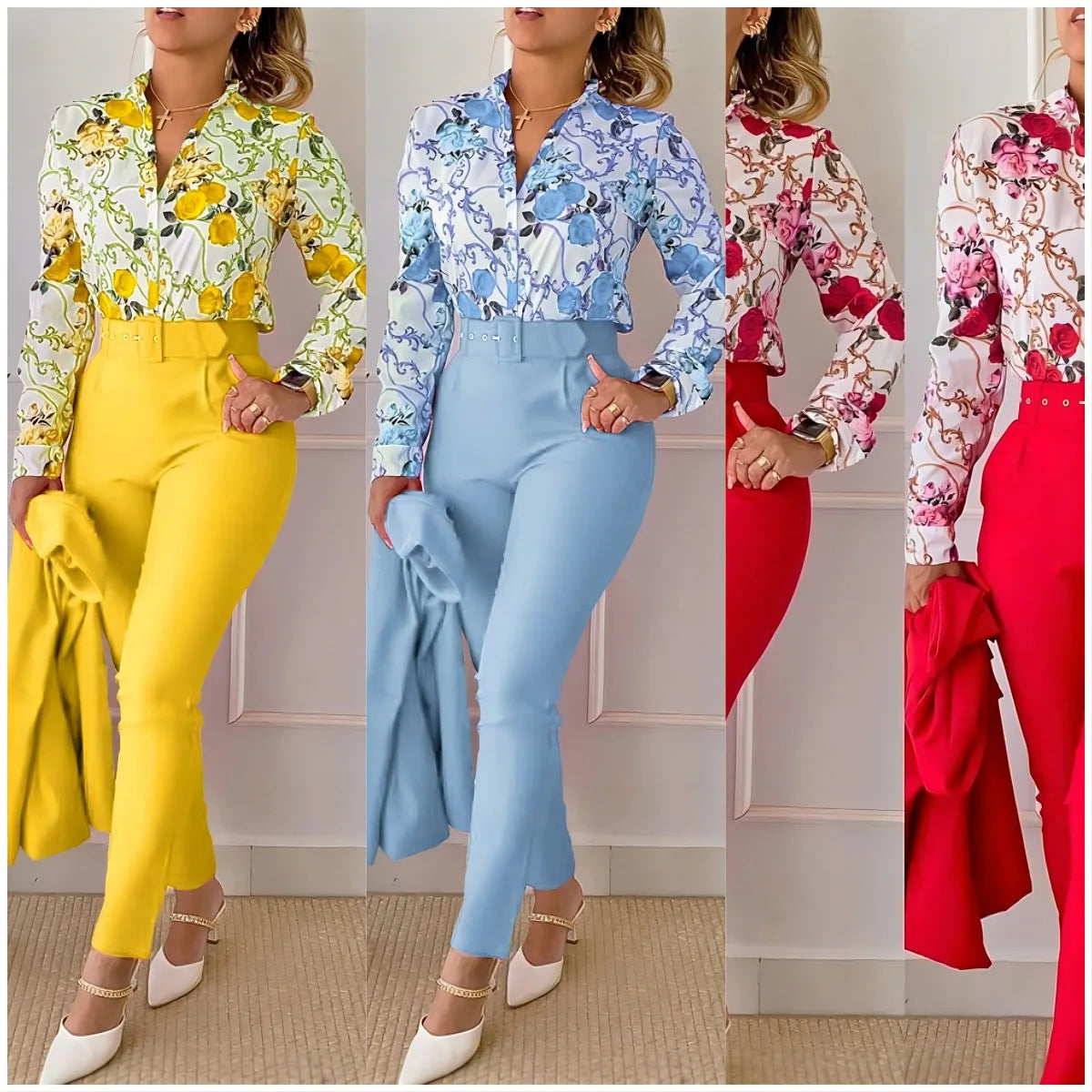 Two Piece Sets Womens Outifits 2023 Spring Fashion Print Turn-Down Collar Long Sleeve Top & Casual Solid Color Long Pants Set