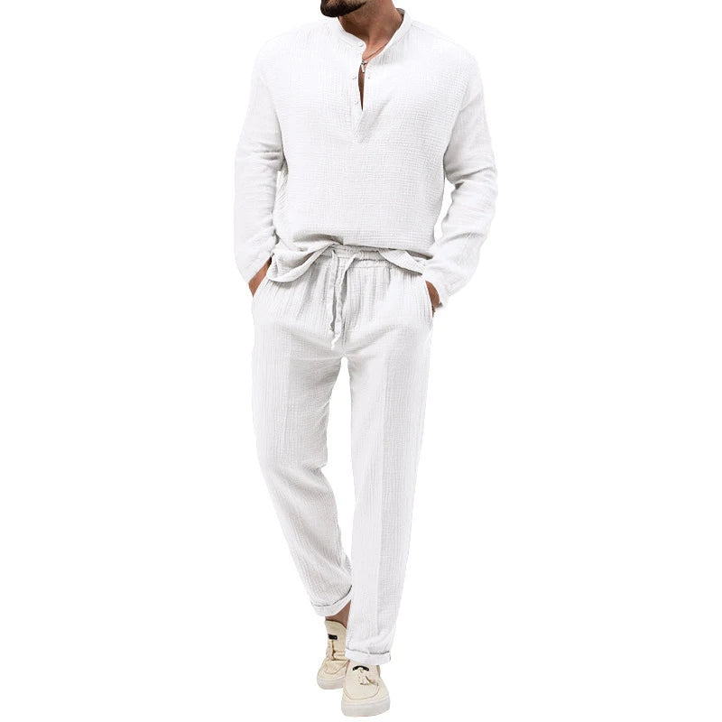 New Casual Two Piece Sets For Men Spring Fashion Stand Collar Buttoned T-shirt And Pants Mens Suits Leisure Long Sleeve Outfits