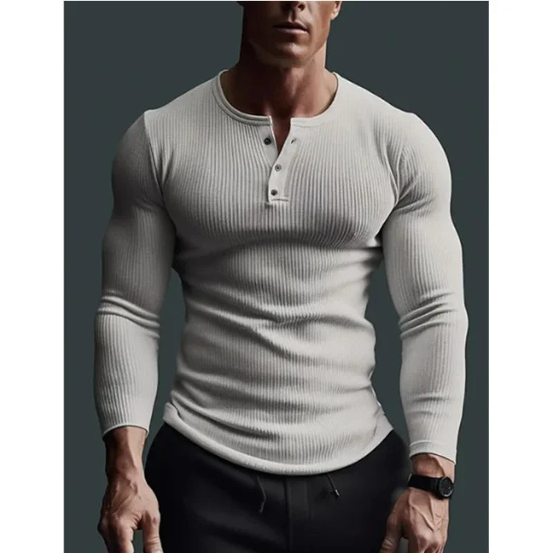 2024 New Long Sleeve polyester T-shirt Mens Breathable Thin Fabric Casual T-shirt Spring autum Henry-Neck Basic Tee Tops Man