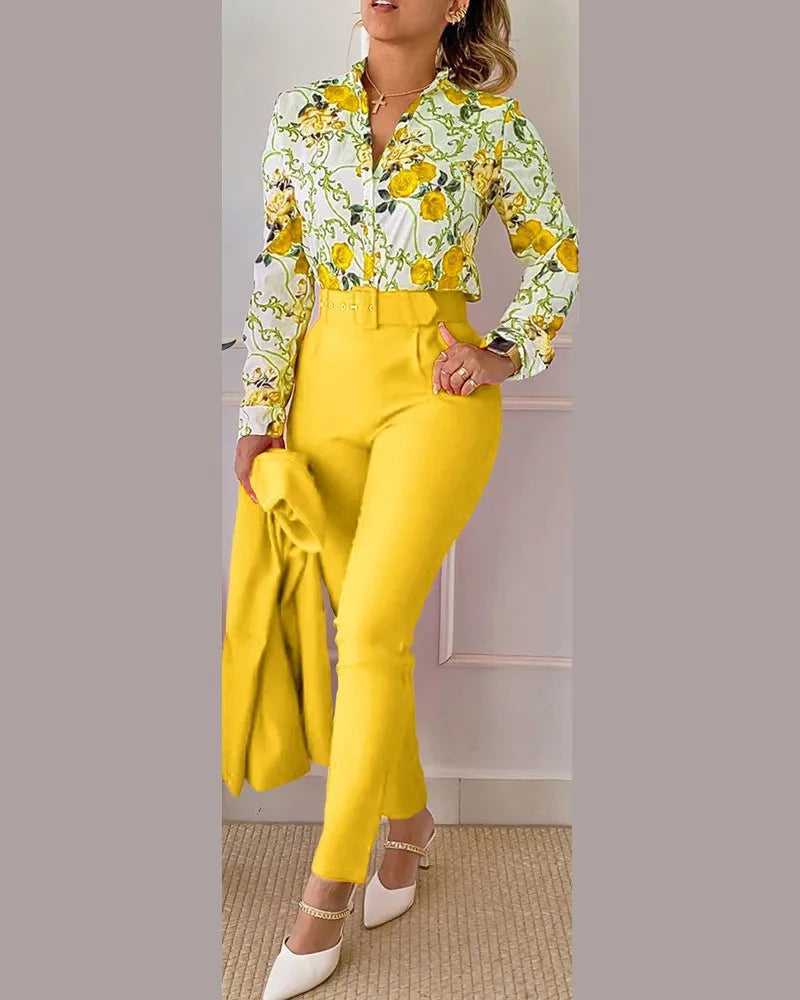 Two Piece Sets Womens Outifits 2023 Spring Fashion Print Turn-Down Collar Long Sleeve Top & Casual Solid Color Long Pants Set
