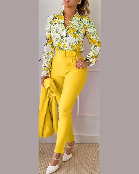 Two Piece Sets Womens Outifits 2023 Spring Fashion Print Turn-Down Collar Long Sleeve Top & Casual Solid Color Long Pants Set