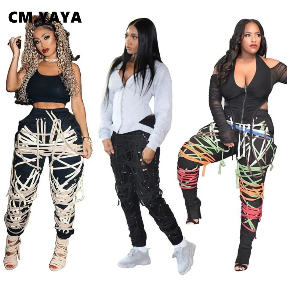 CM.YAYA Streetwear Women Lace Up Strings Pants High Waist Hip Hop Trousers Activewear Sports Jogger Sweatpants
