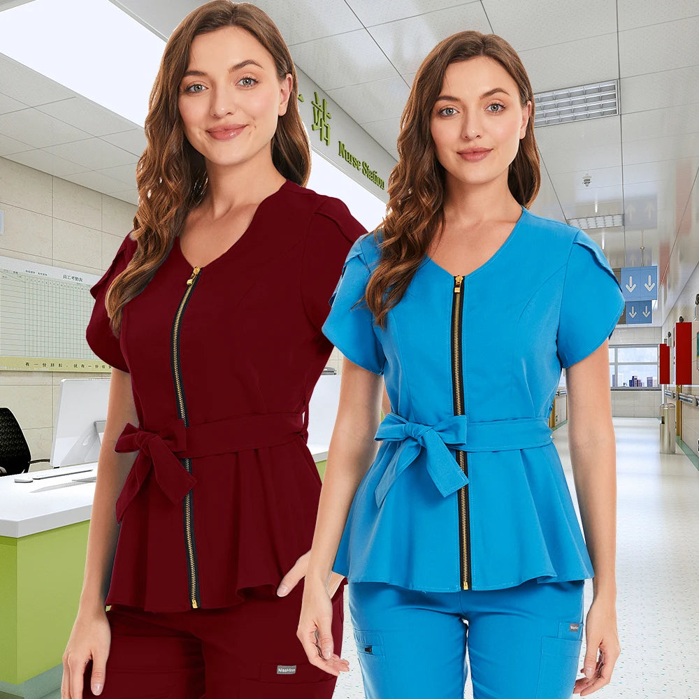 Fashion Korean Style Women Workwear Scrub Tops Medical Uniform Surgery Scrubs Shirt Short Sleeve Pet Shop Doctor Nurse Uniform