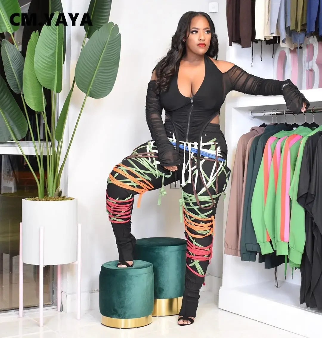 CM.YAYA Streetwear Women Lace Up Strings Pants High Waist Hip Hop Trousers Activewear Sports Jogger Sweatpants