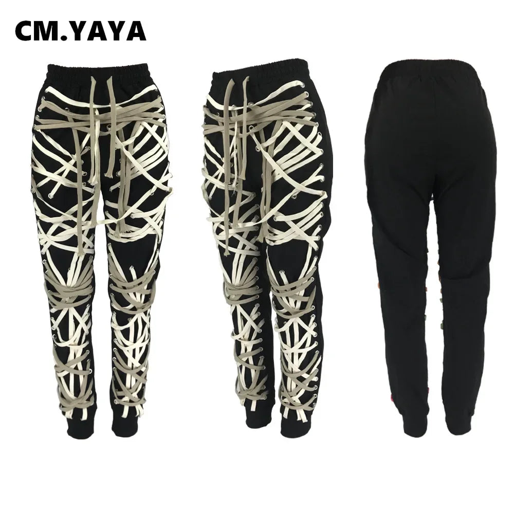 CM.YAYA Streetwear Women Lace Up Strings Pants High Waist Hip Hop Trousers Activewear Sports Jogger Sweatpants