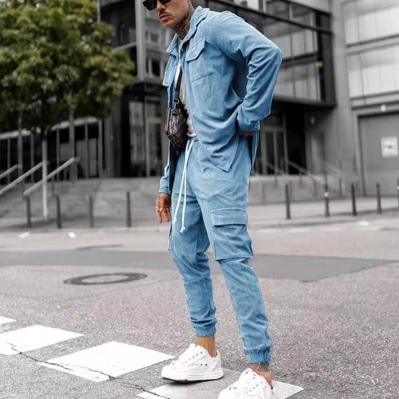 Streetwear Spring Two Piece Corduroy Suit Mens Casual Long Sleeve Cargo Jacket&Pants Set For Men Fashion Tracksuit Men Clothing