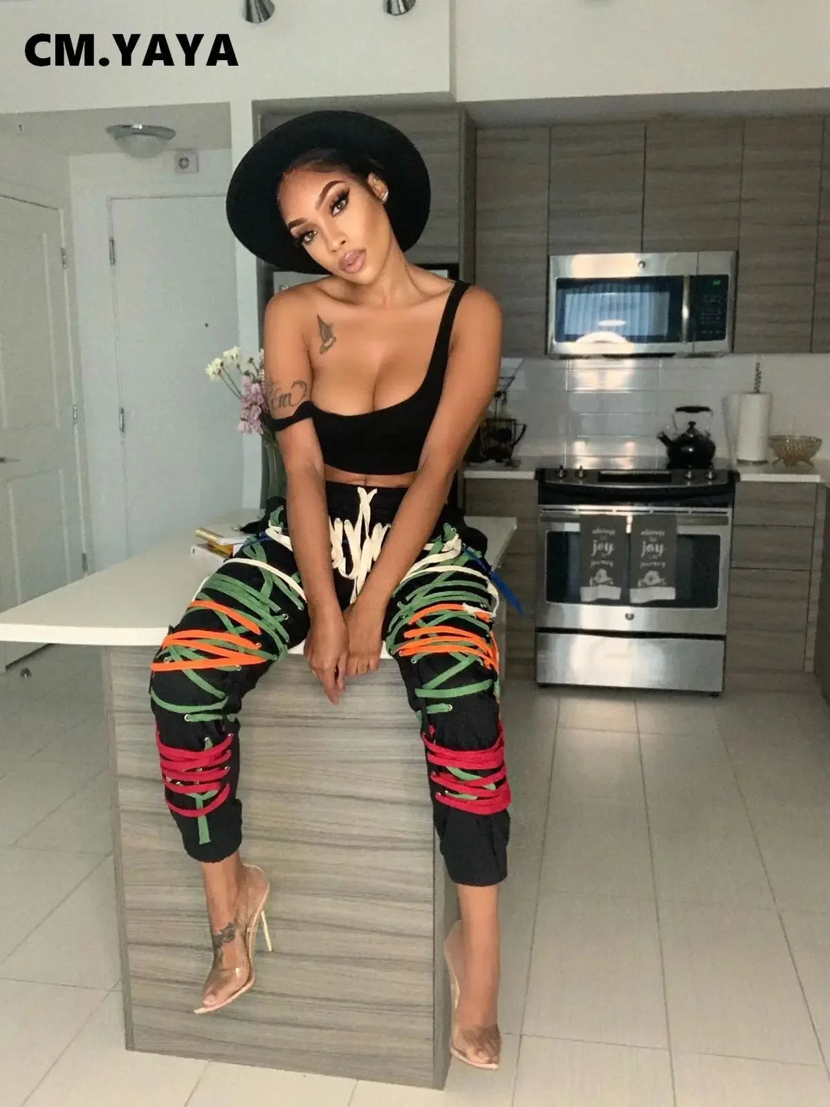 CM.YAYA Streetwear Women Lace Up Strings Pants High Waist Hip Hop Trousers Activewear Sports Jogger Sweatpants