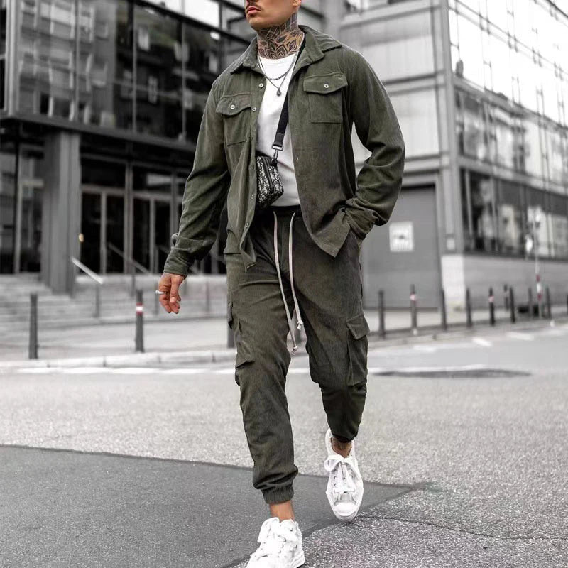 Streetwear Spring Two Piece Corduroy Suit Mens Casual Long Sleeve Cargo Jacket&Pants Set For Men Fashion Tracksuit Men Clothing