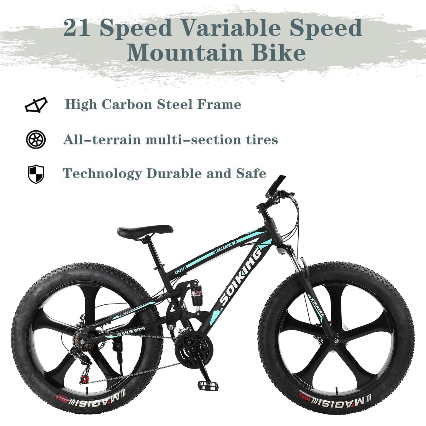 26-Inch 21-SpeedHigh-Carbon Steel Frame, Beach And Snow Fat Tire Mountain Bike